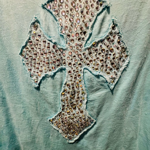 Velvet Stone Tops - Embellished Cross Design Blouse - Blue